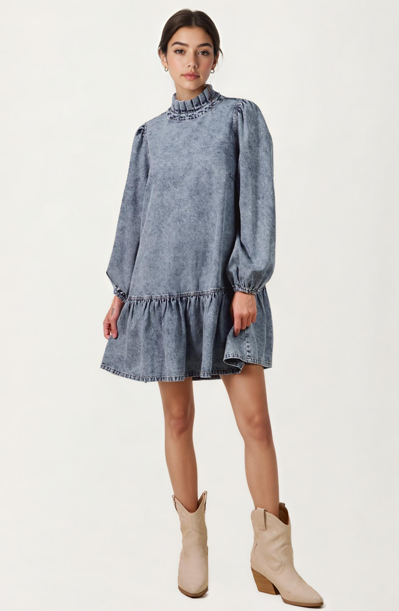 Knit and Lounge Pleated Mock Neck Long Sleeve Ruffle Hem Denim Dress, Alternate, color, Blue