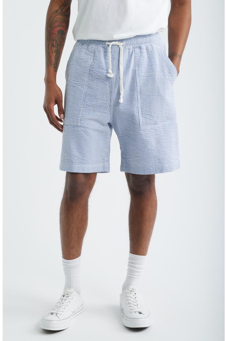 Seersucker Organic Cotton Poplin Drawstring Chef Shorts, Main, color, NAVY STRIPE