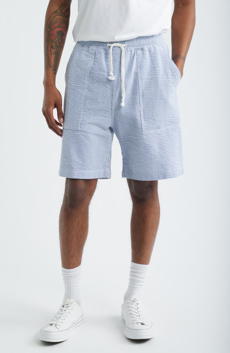 Service Works Seersucker Organic Cotton Poplin Drawstring Chef Shorts, Main, color, Navy Stripe