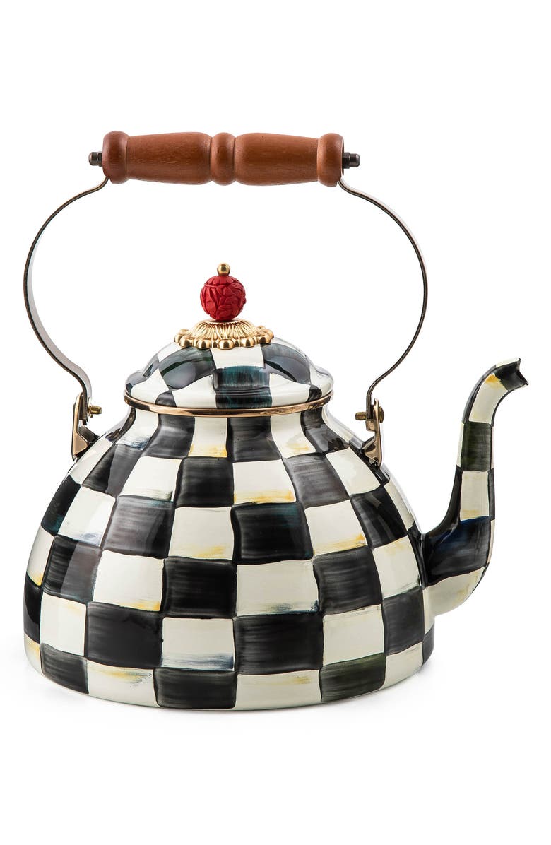 MACKENZIE CHILDS Courtly Check Enameled Steel 3-Quart Tea Kettle, Main, color, Black/ White