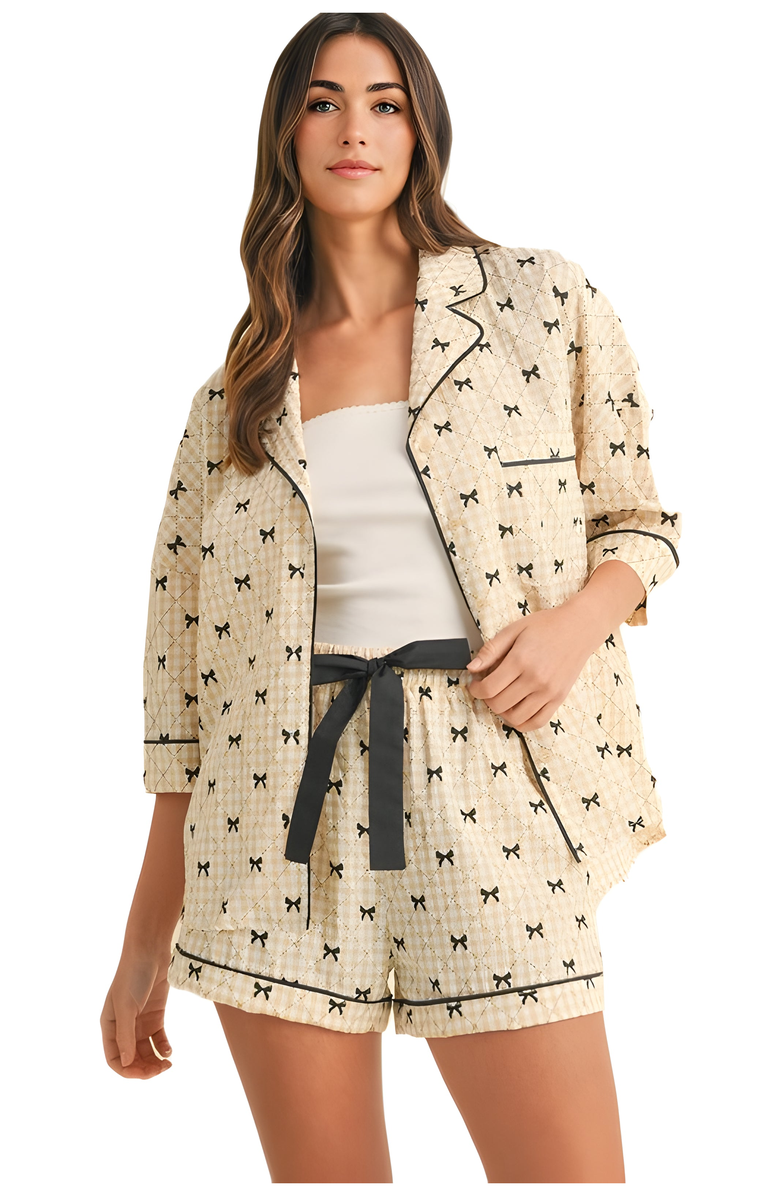 Knit and Lounge Satin Bow Print Pajama Set with Contrast Piping, Main, color, 