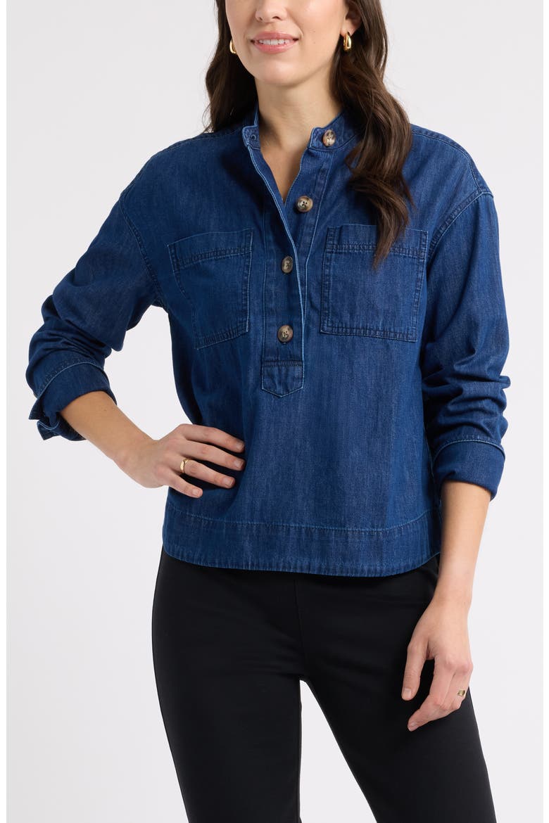 Chambray Henley Popover Top, Main, color, DARK WASH