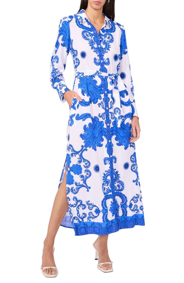 Halogen<sup>®</sup> Print Long Sleeve Belted Shirtdress, Main, color, Turkish Blue