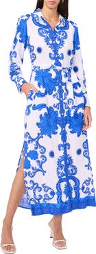 Halogen® Print Long Sleeve Belted Shirtdress