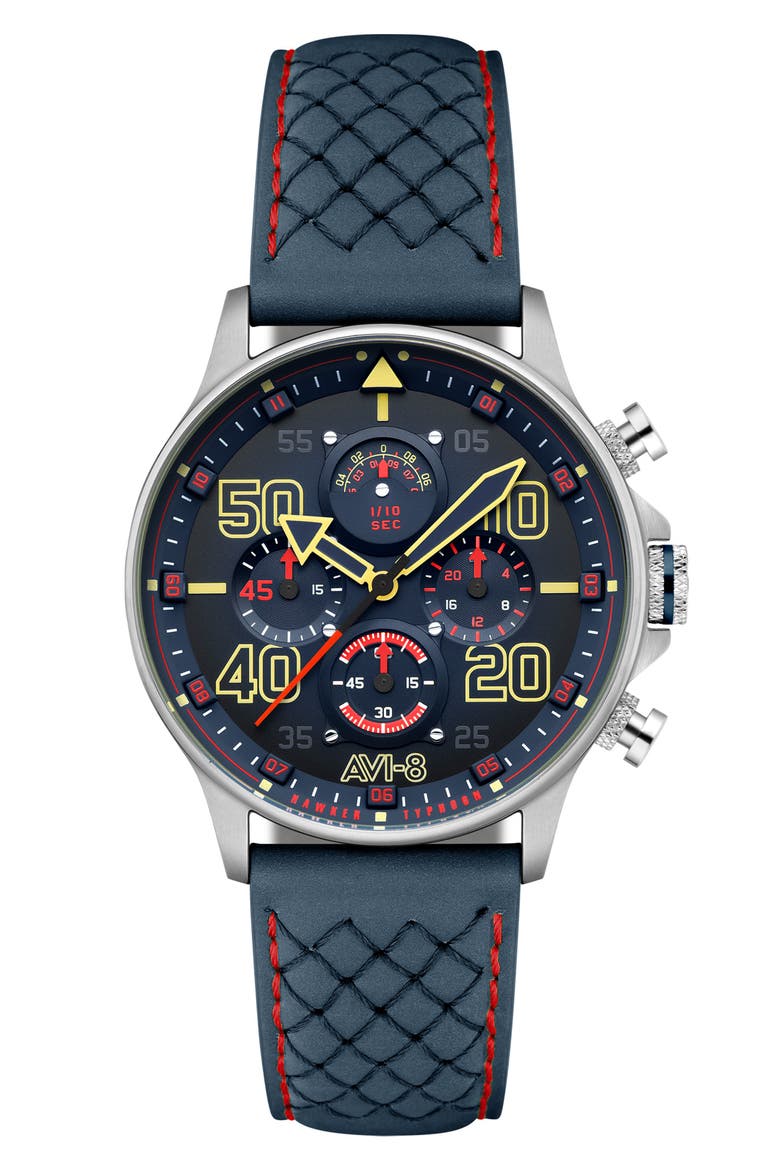 Hawker Typhoon Coningham Baldwin Chronograph Leather Strap Watch, 42mm, Main, color, BLUE