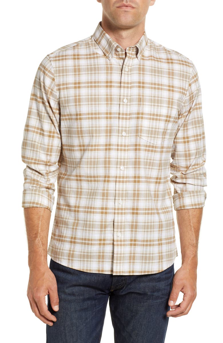 Nordstrom Trim Fit Plaid Stretch Cotton & Linen Button-Up Shirt, Main, color,