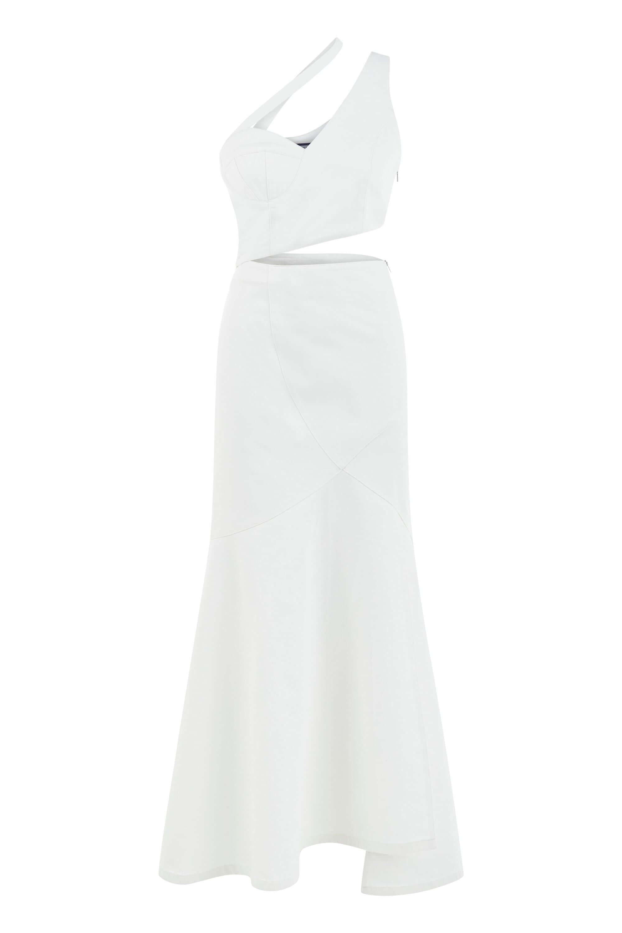 Ron Asymmetric White Denim Maxi Dress