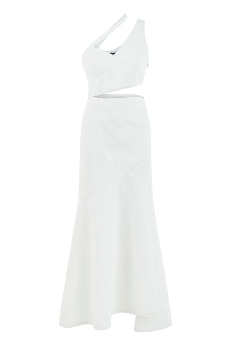 Ron Asymmetric White Denim Maxi Dress, Main, color, White