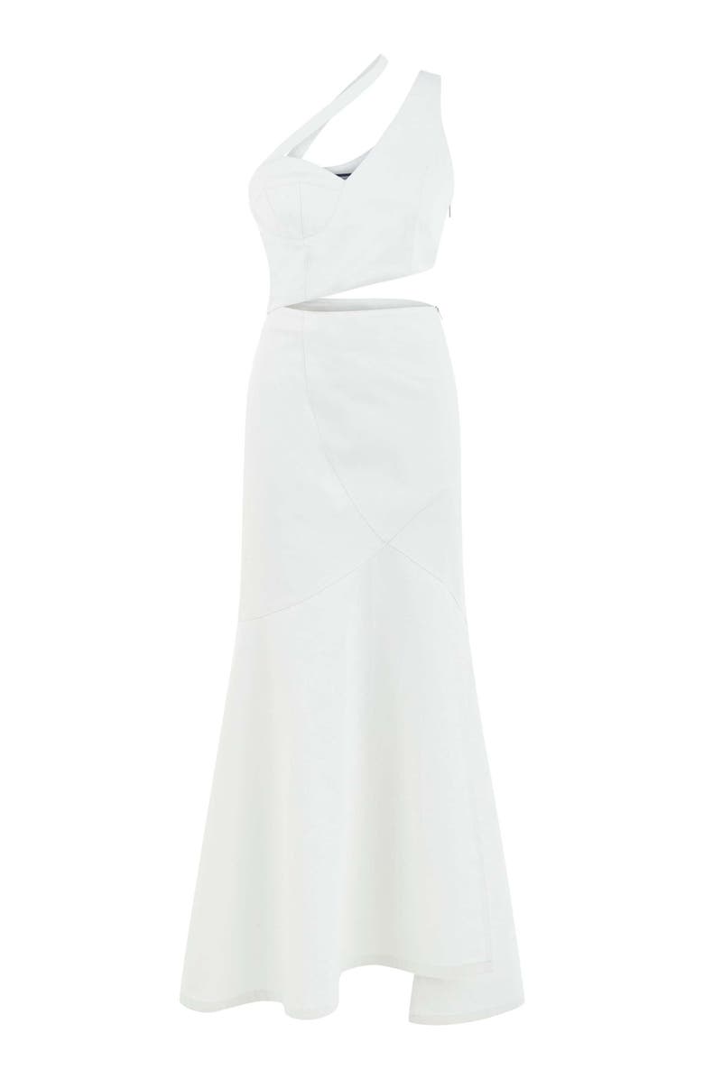 Jendue US Ron Asymmetric White Denim Maxi Dress, Main, color, White