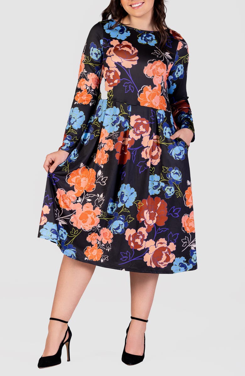24seven Comfort Apparel Floral Fit & Flare Long Sleeve Jersey Midi Dress, Main, color,