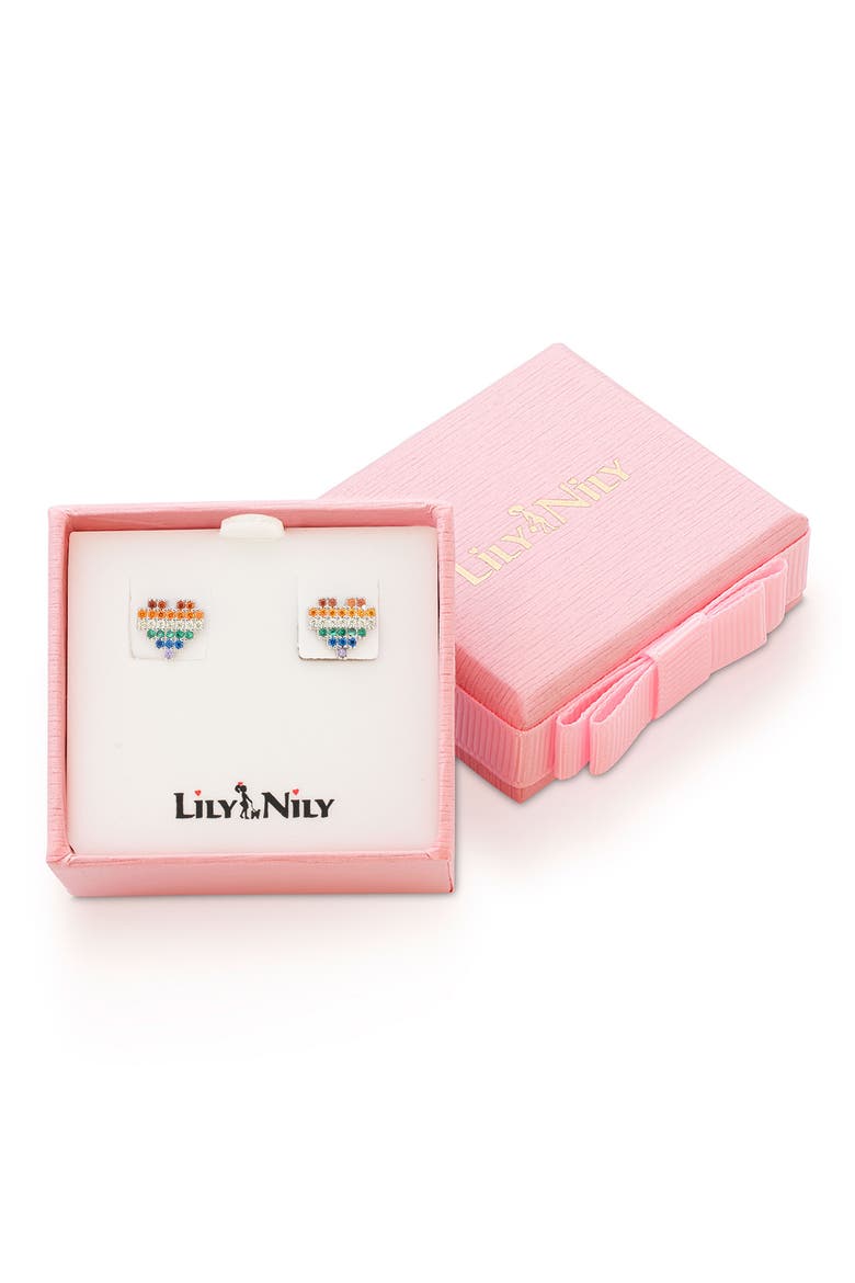 Kids' Rainbow Cubic Zirconia Heart Stud Earrings, Alternate, color, SILVER/ RAINBOW
