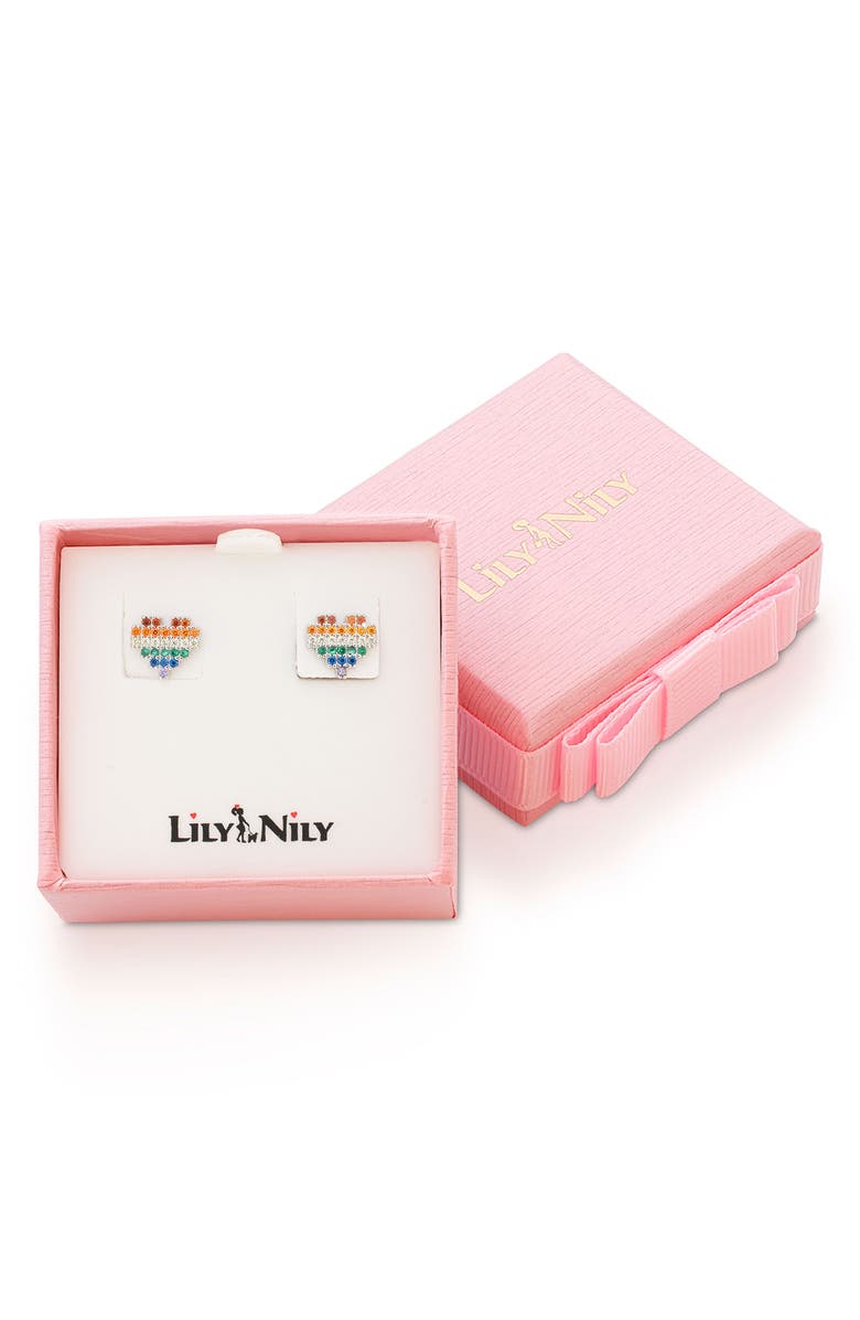 Lily Nily Kids' Rainbow Cubic Zirconia Heart Stud Earrings, Alternate, color, Silver/ Rainbow