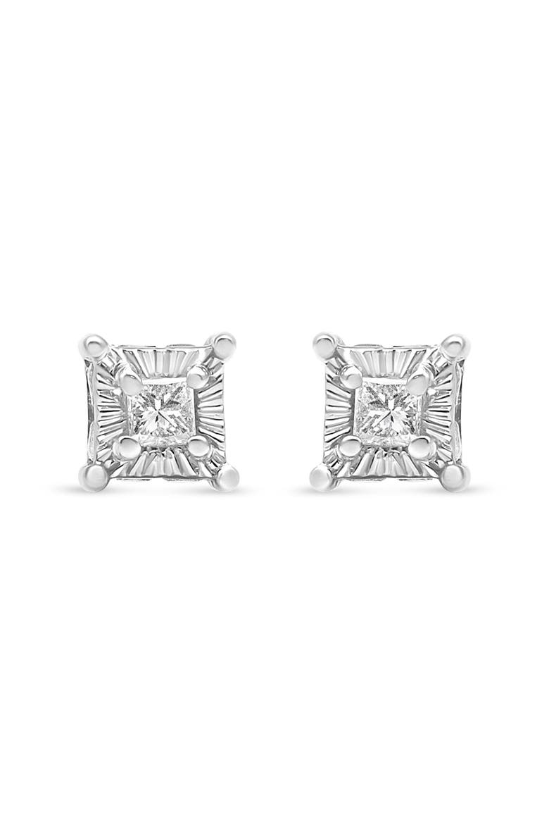 Silver 1/4 Ct Miracle Princess Solitaire Stud Earrings with Hidden Halo, Main, color, White