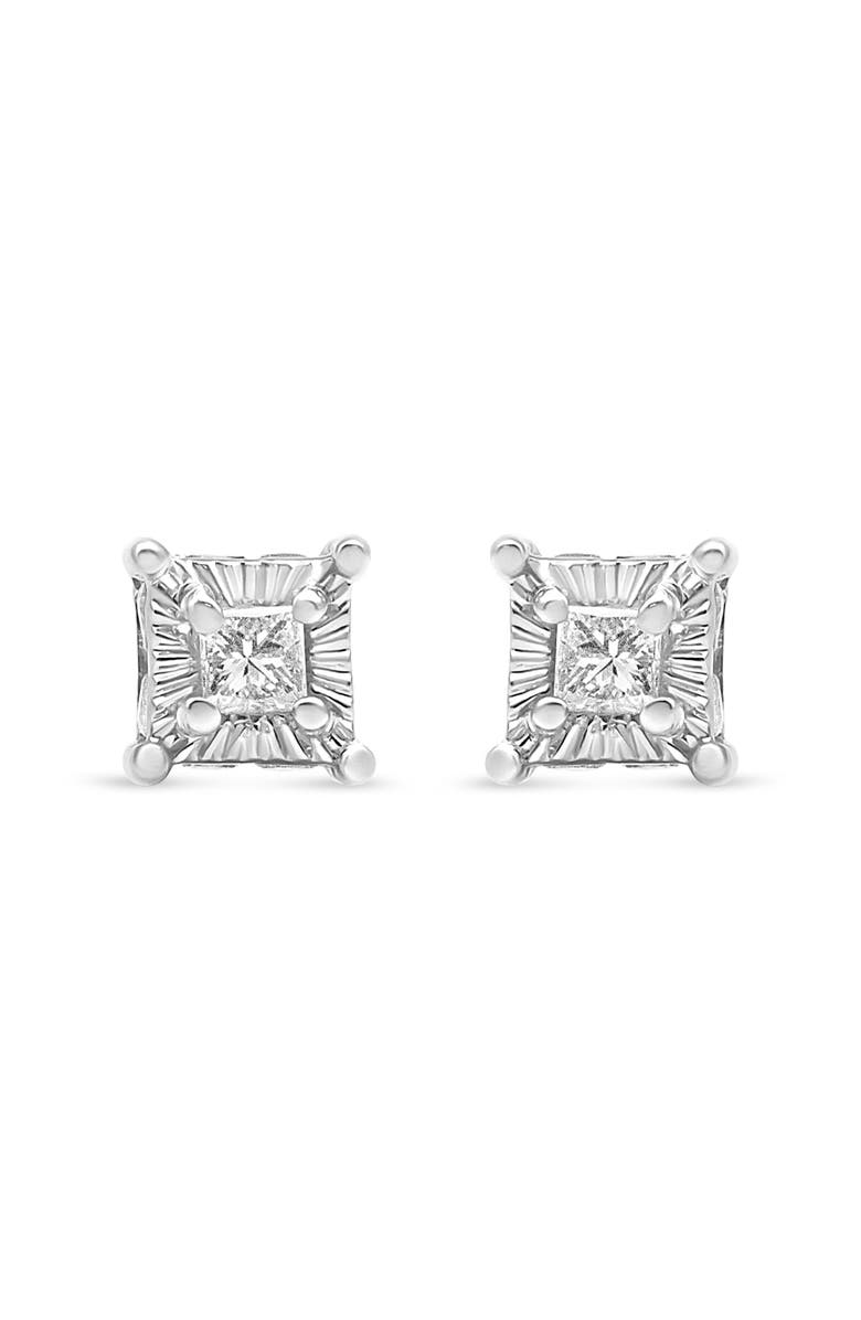 Haus of Brilliance Silver 1/4 Ct Miracle Princess Solitaire Stud Earrings with Hidden Halo, Main, color, White
