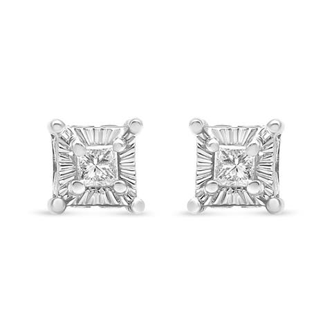 Silver 1/4 Ct Miracle Princess Solitaire Stud Earrings with Hidden Halo