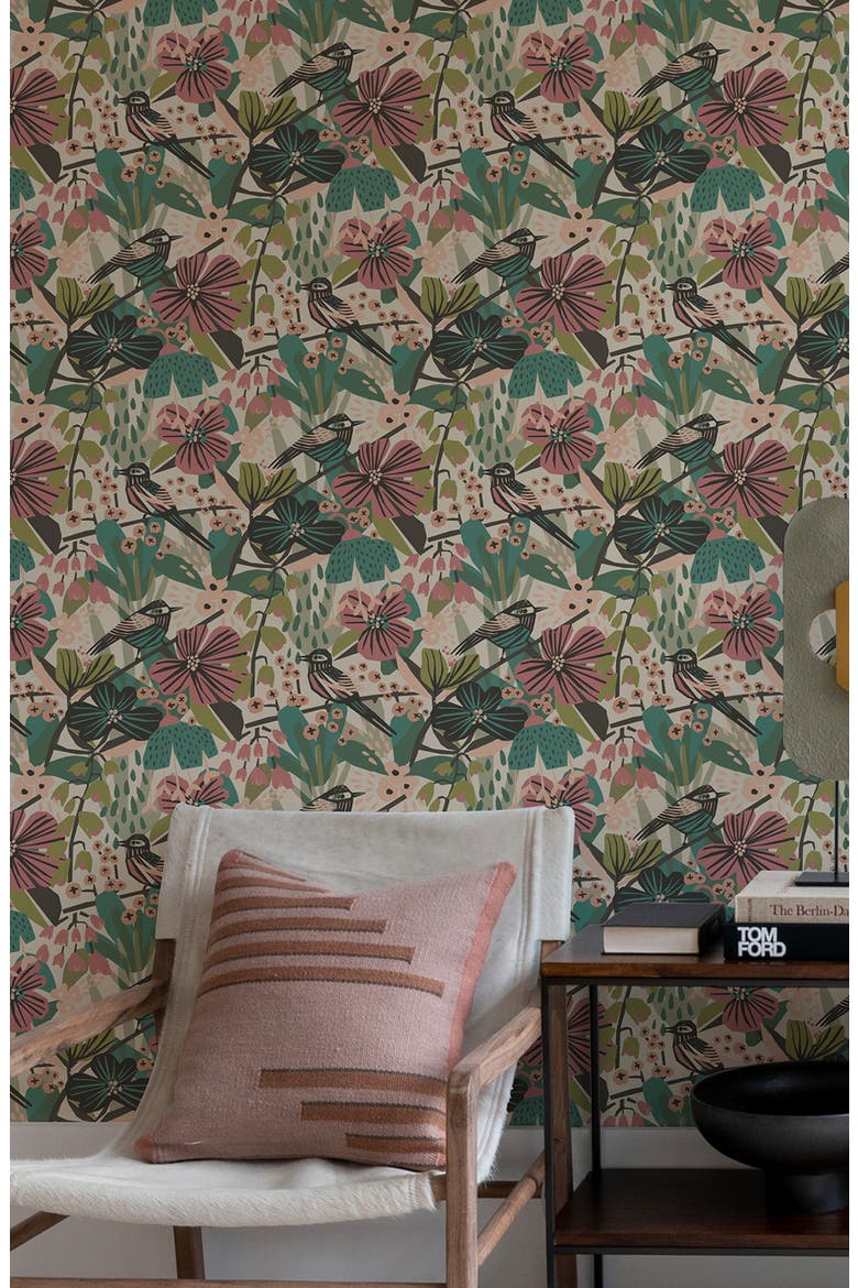 Teal Pink Jaybird Peel and Stick Wallpaper, Alternate, color, PINK