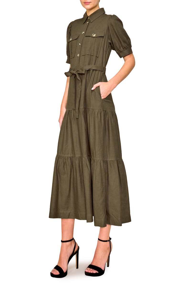 MELLODAY Puff Sleeve Linen Blend Maxi Shirtdress, Alternate, color, Olive