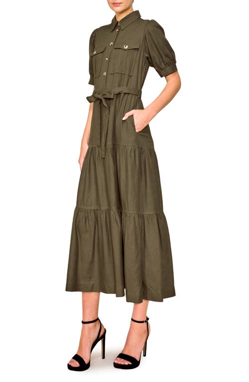 Melloday Puff Sleeve Linen Blend Maxi Shirtdress In Olive