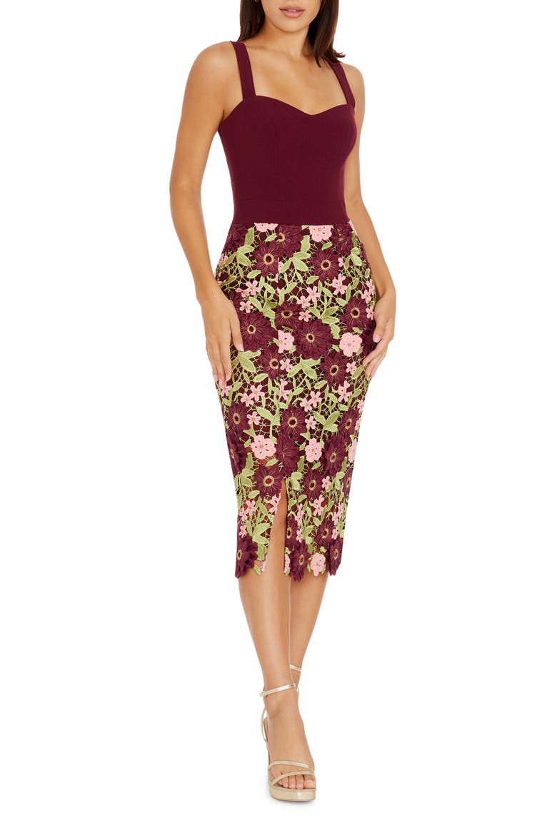 Ellina Guipure Lace Sheath Dress, Main, color, BURGUNDY MULTI