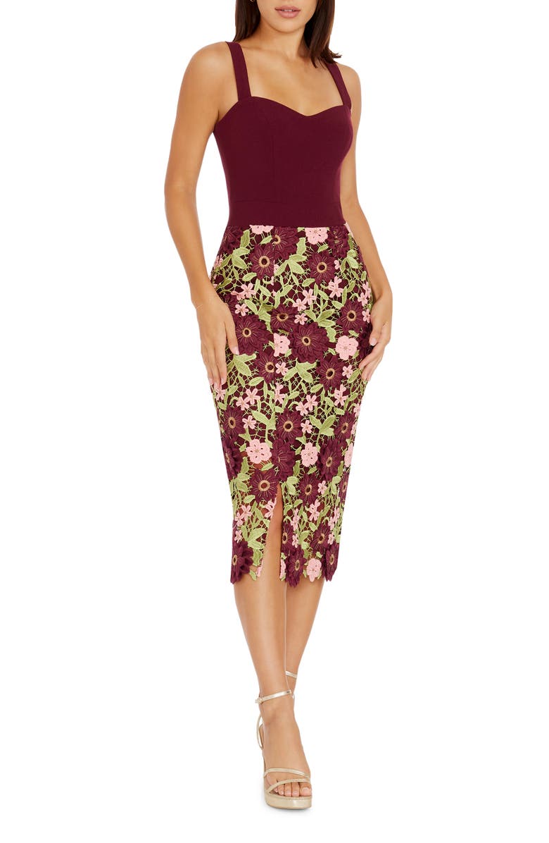 Dress the Population Ellina Guipure Lace Sheath Dress, Main, color, Burgundy Multi
