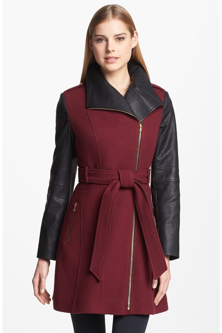 Asymmetrical Textured Wool Blend & Faux Leather Coat, Main, color, BURGUNDY
