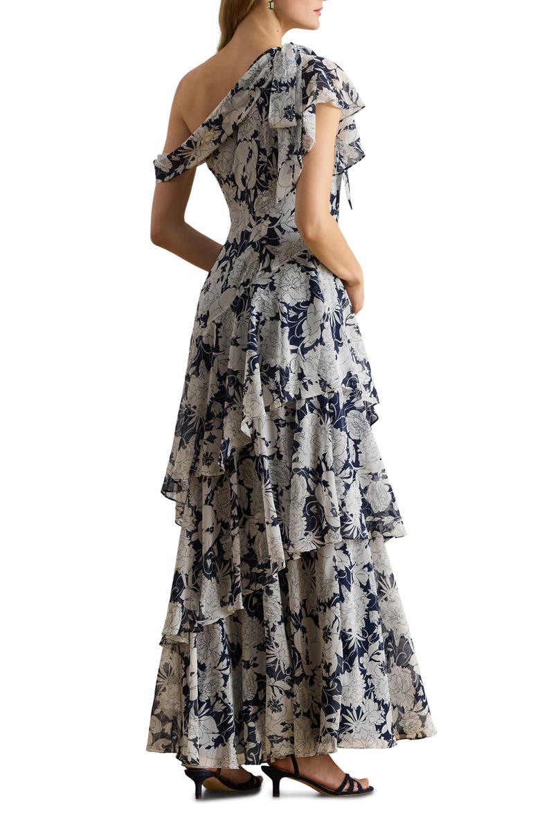 Lauren Ralph Lauren Kanerite Crinkle One-Shoulder Tiered Maxi Cocktail Dress, Alternate, color, White/ Navy