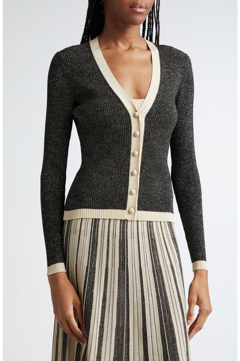Metallic Rib Cardigan, Alternate, color, BLACK/ GOLD