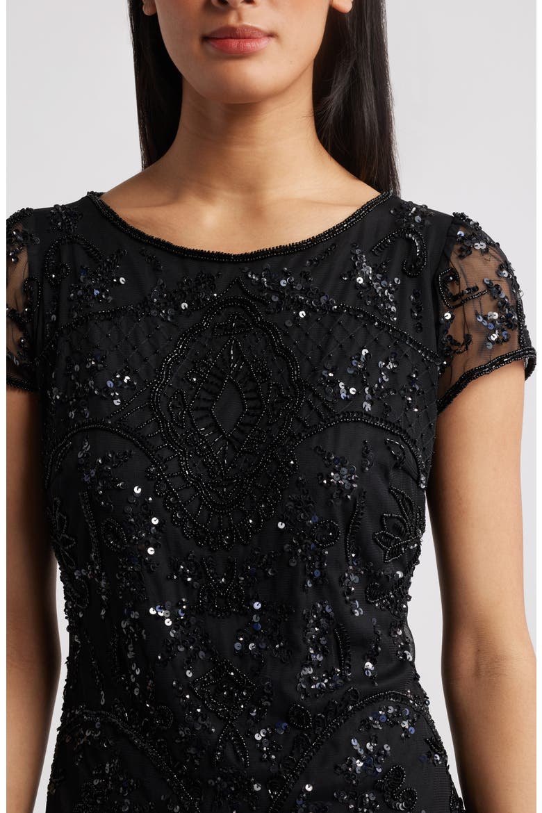 Beaded Mesh Midi Cocktail Dress, Alternate, color, BLACK