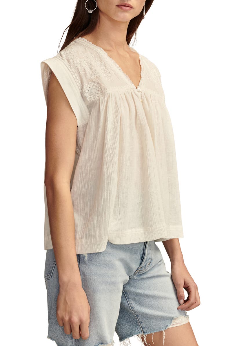 Lucky Brand Embroidered Yoke Cotton Gauze Top, Alternate, color, Gardenia