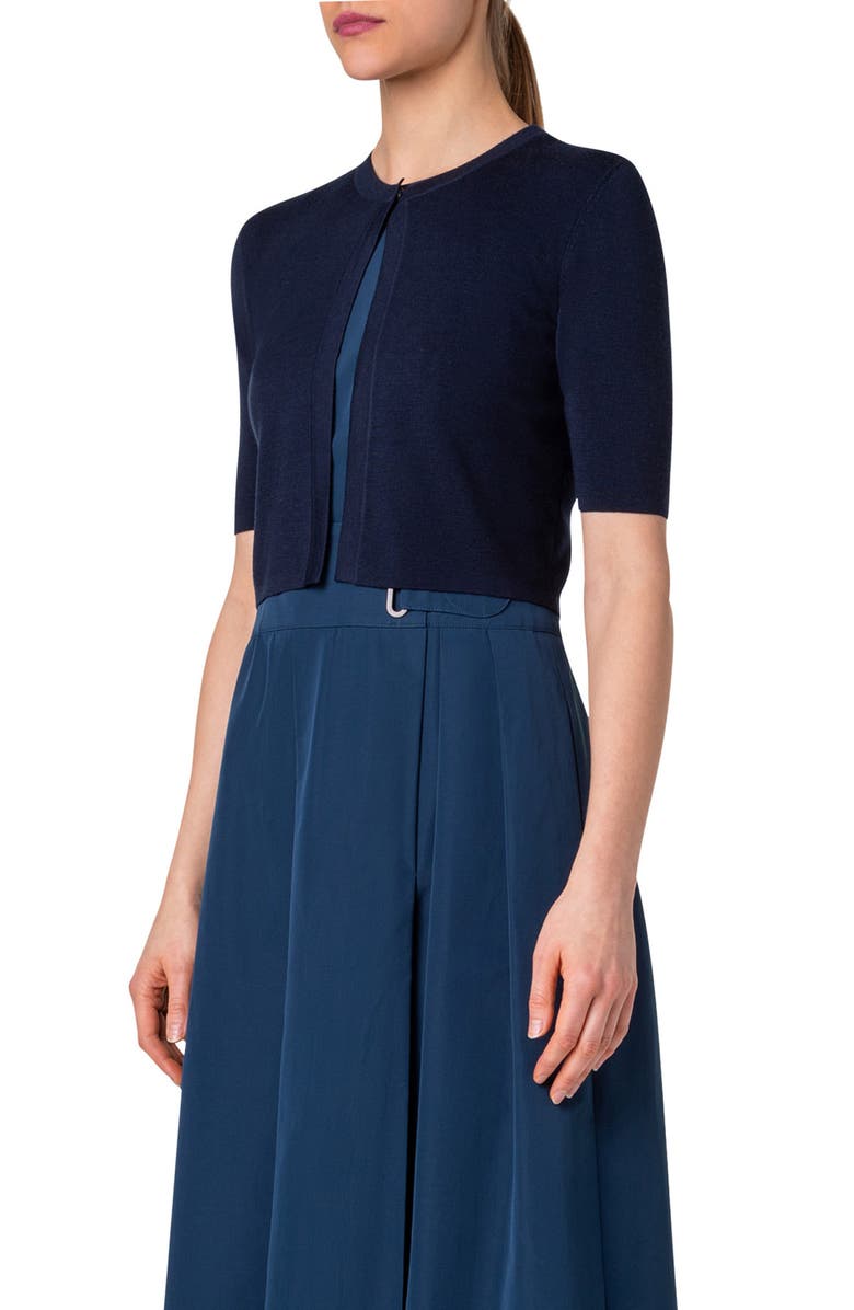 Akris punto Short Sleeve Merino Wool Crop Cardigan, Alternate, color, 