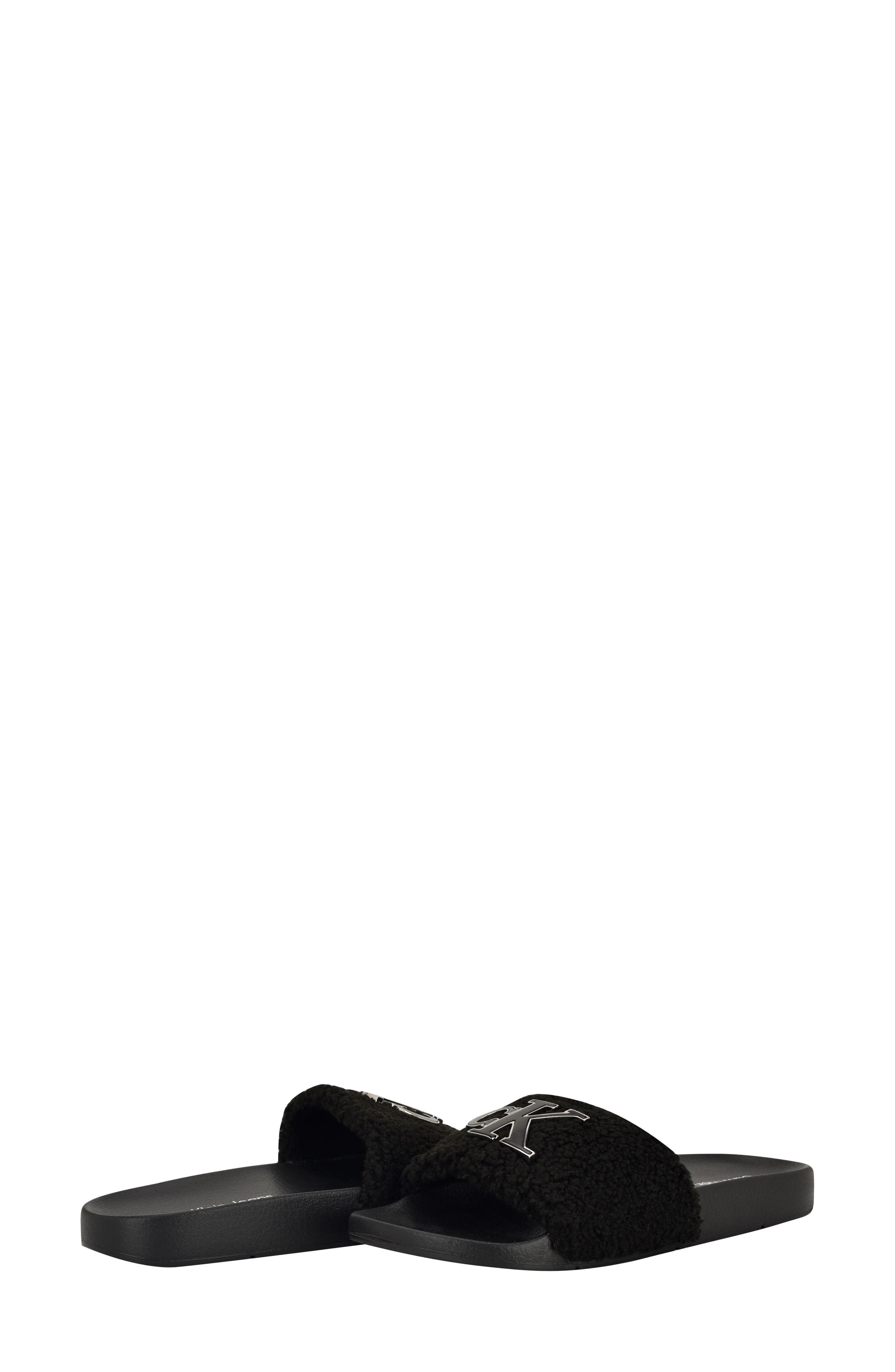 Ahva Faux Fur Slide Sandal, Alternate, color, BLACK