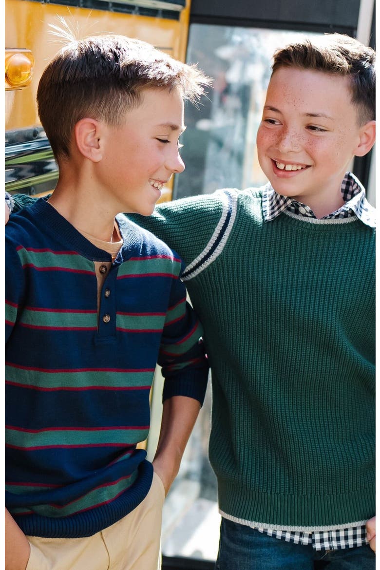 Boys' Organic Sweater Henley with Elbow Patches, Kids, Alternate, color, Navy Collegiate Green Stripe