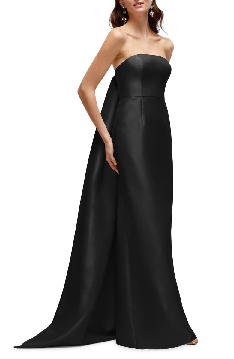 Alfred Sung Strapless Satin Twill Column Gown with Removable Train, Alternate, color, Black