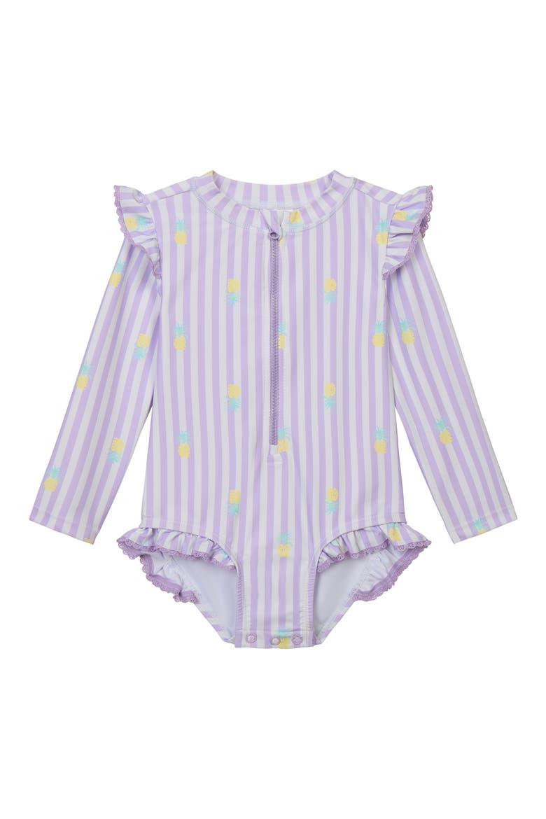 Ruffled Long Sleeve One-Piece Rashguard Swimsuit & Hat Set, Alternate, color, PURPLE