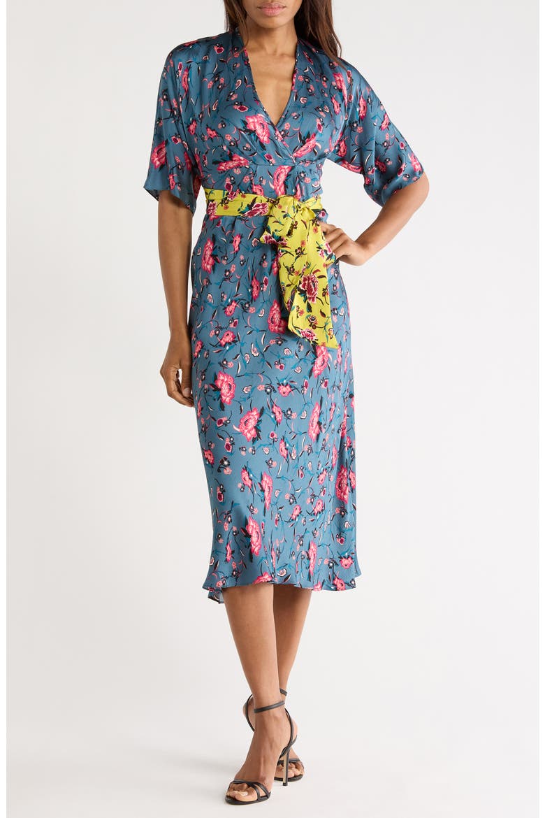 Gracie Floral Print Dress, Main, color, DANCING ROSE PETROL MIX