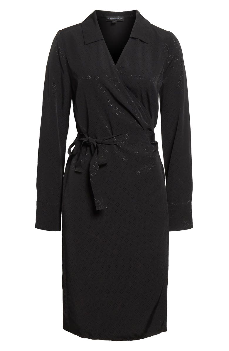 Emporio Armani Long Sleeve Jacquard Faux Wrap Dress, Alternate, color, Black