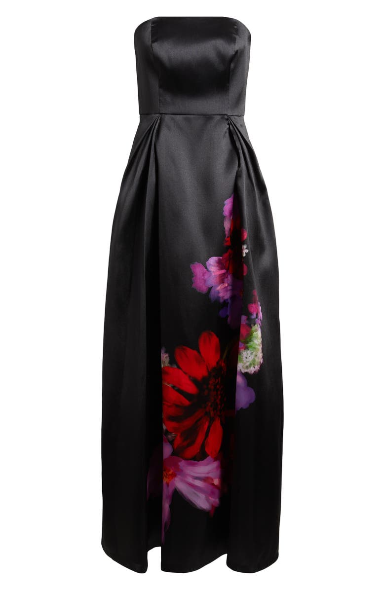 Eliza J Placed Floral Strapless Satin Ballgown, Alternate, color, Black Multi
