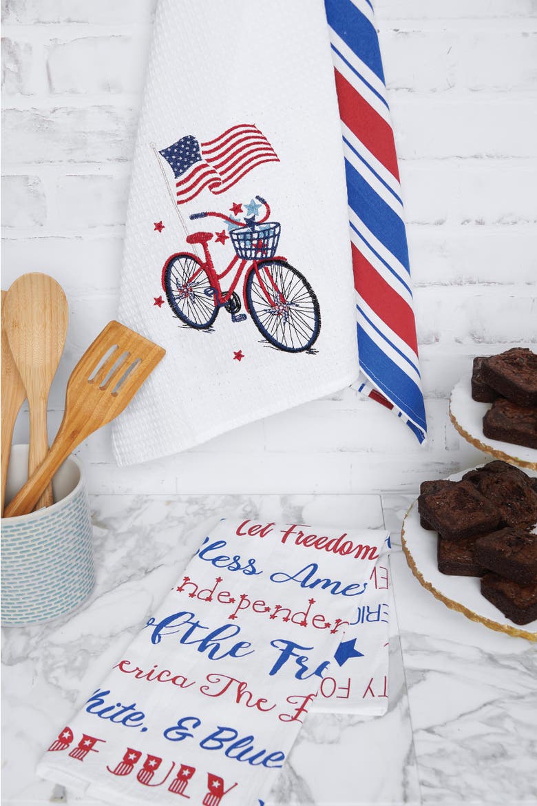 Patriotic Bike 4th of July Embroidered Waffle Weave Kitchen Towel Dishtowel Decoration, Alternate, color, White