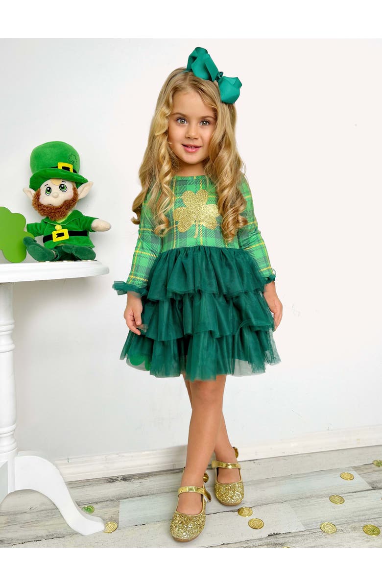 Mia Belle Girls Shimmering Shamrocks Tiered Tutu Dress, Alternate, color, Green