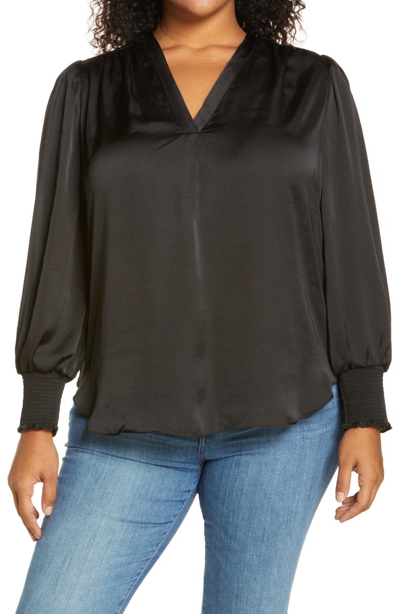 Vince Camuto Smocked Long Sleeve V-Neck Blouse, Main, color, 