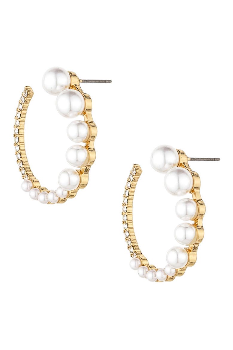 Crystal & Imitation Pearl Frontal Hoop Earrings, Alternate, color, GOLD