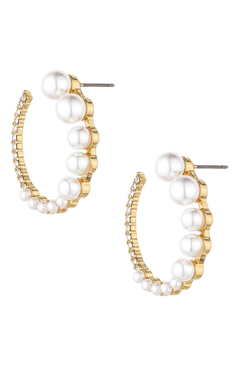 Ettika Crystal & Imitation Pearl Frontal Hoop Earrings, Alternate, color, Gold