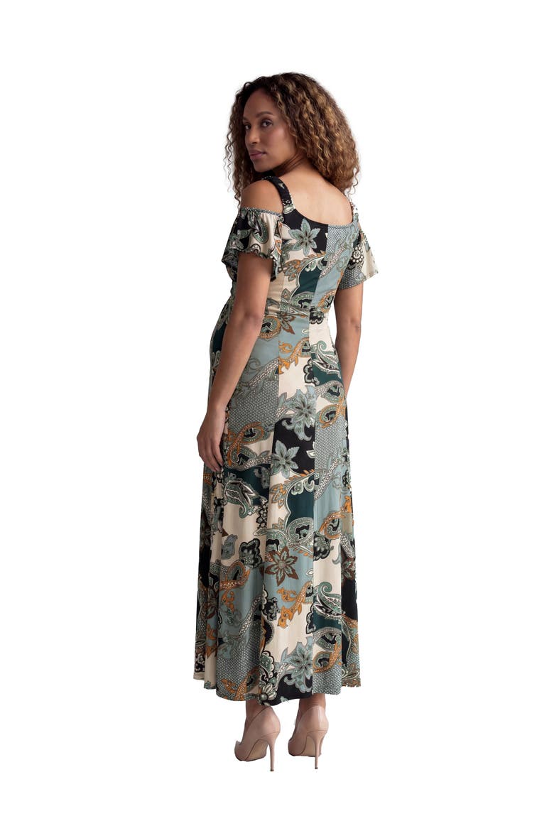 Maternity Elevate Paisley Print Soft V-Neck Cold Sholder Ruffle Sleeve A-Line Maxi Dress, Alternate, color, Green Multi
