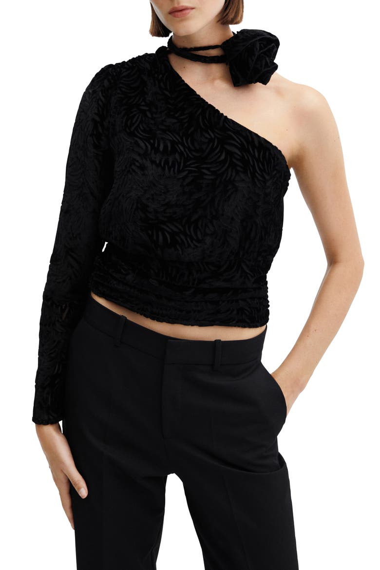 Floral Burnout One Shoulder Velvet Top, Main, color, BLACK