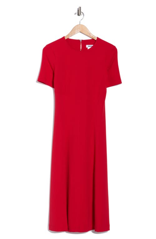 Dkny Short Sleeve Jewel Neck Suede Midi Dress In Red