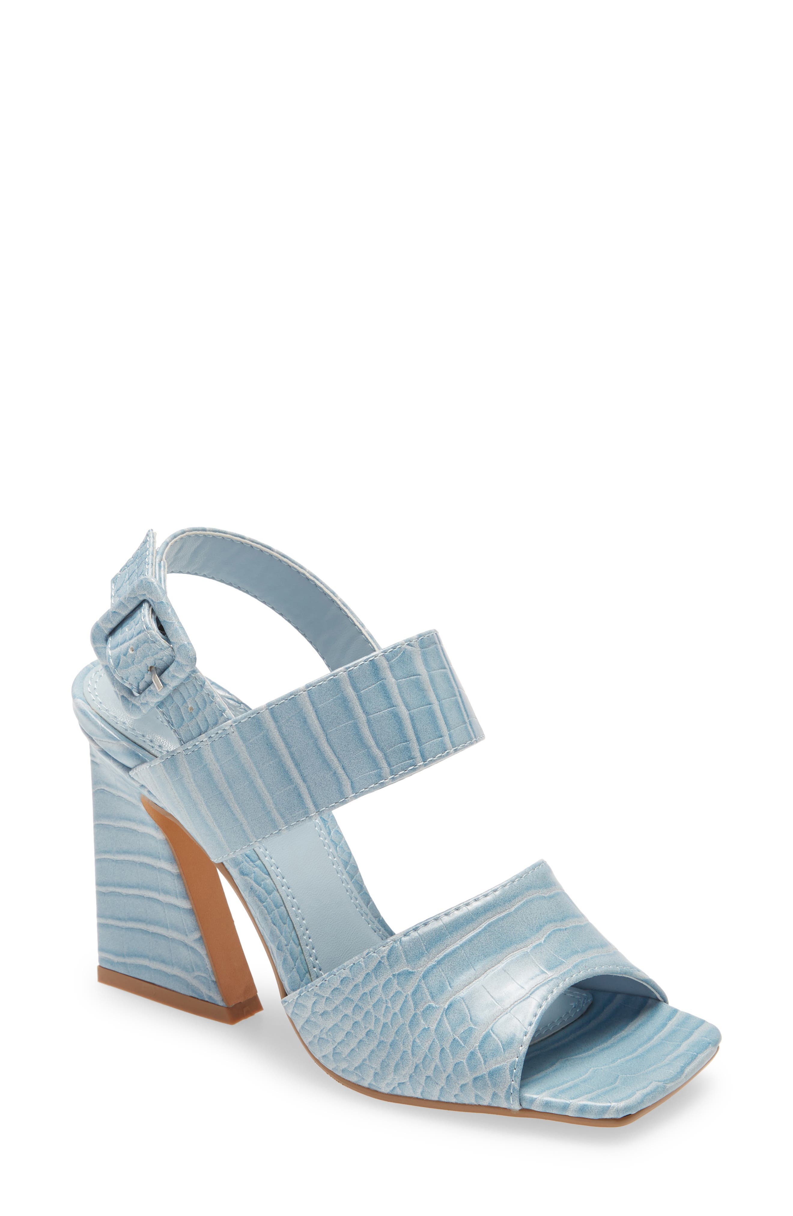 Natasha Crocodile Embossed Flare Heel Sandal, Main, color, LIGHT BLUE