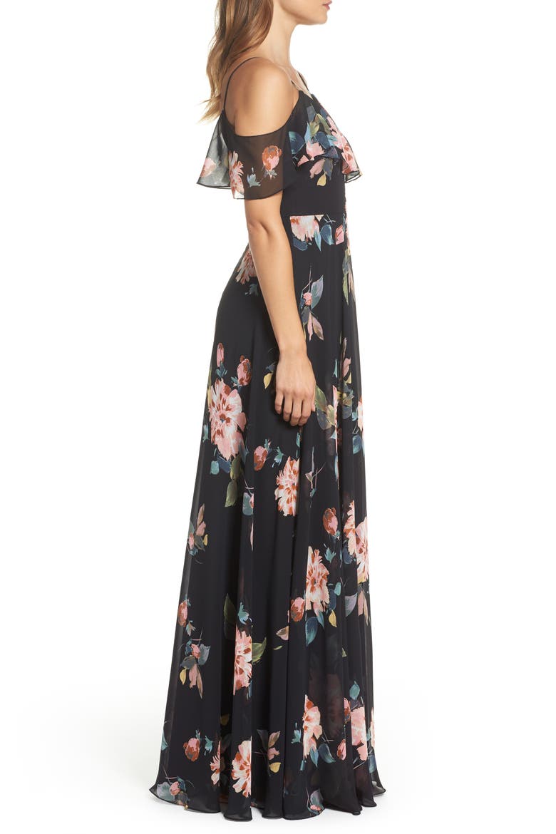 Mila Cold Shoulder Gown, Alternate, color, BLACK MULTI
