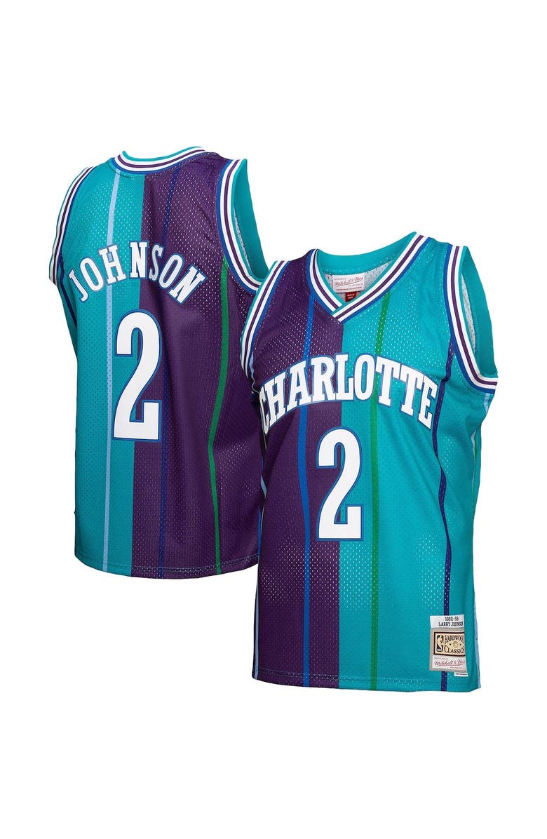 Mitchell & Ness Men's Mitchell & Ness Larry Johnson Teal/Purple Charlotte Hornets Hardwood Classics 1992/93 Split Swingman Jersey, Alternate, color, 