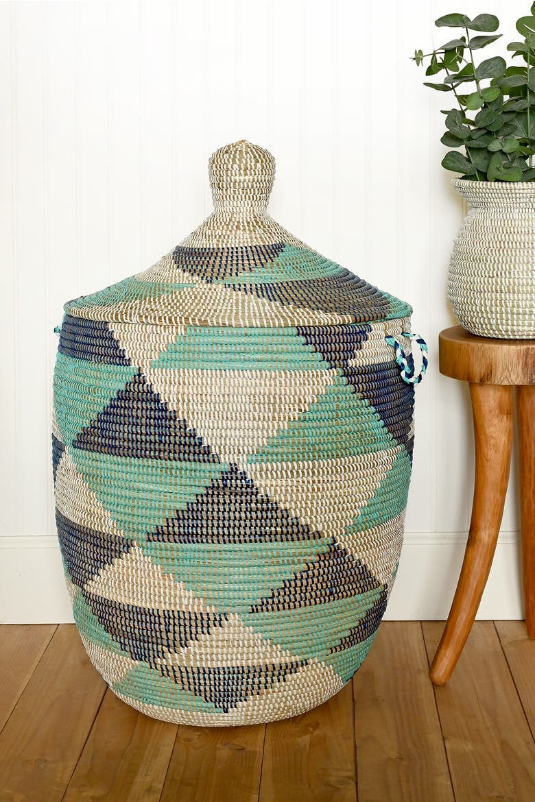 Large Blue and White Triangles Lidded Hamper Basket, Alternate, color, Blue and White