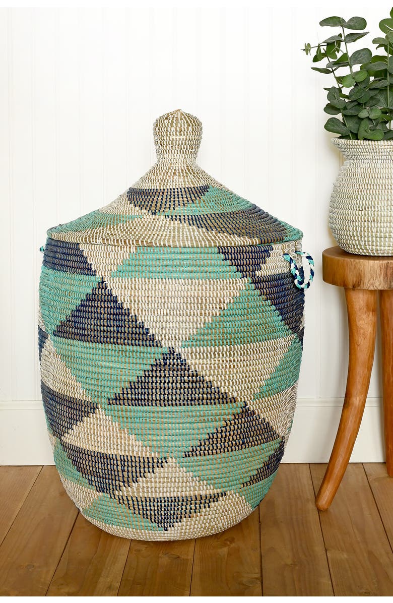 African Modern Large Blue and White Triangles Lidded Hamper Basket, Alternate, color, Blue And White